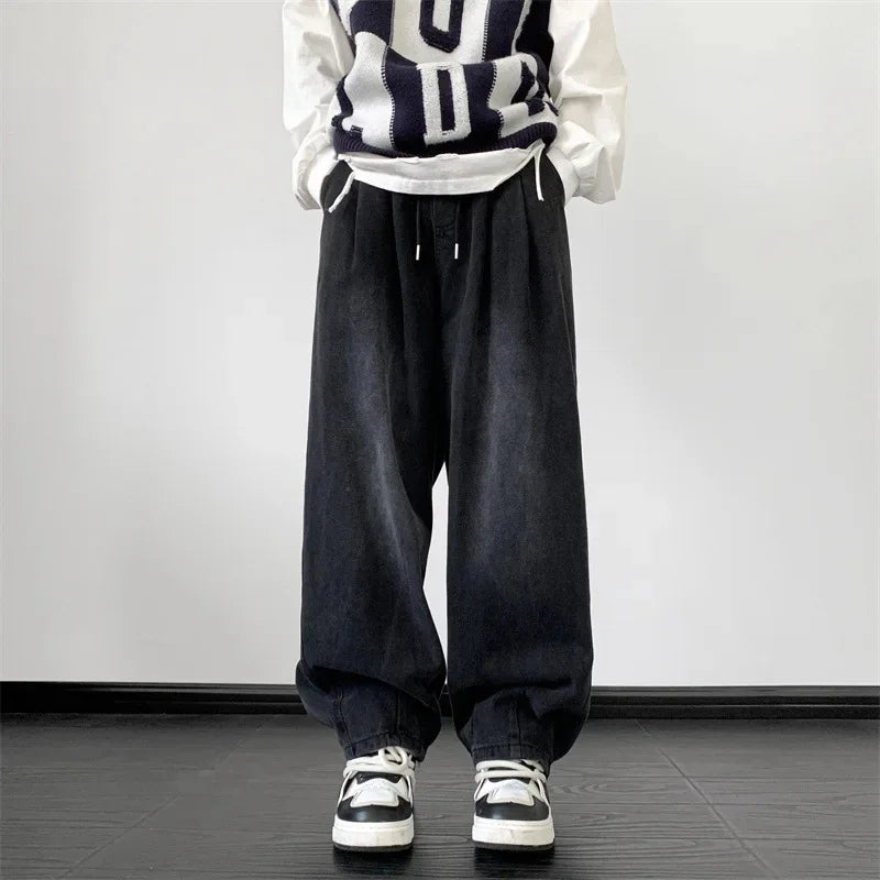 2024 Men's Jeans Autumn Winter Trendy Wide-Leg Style Loose-Fit Youth Trousers One-Piece Agent Fashion Denim Pants Casual Scene