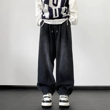 2024 Men's Jeans Autumn Winter Trendy Wide-Leg Style Loose-Fit Youth Trousers One-Piece Agent Fashion Denim Pants Casual Scene