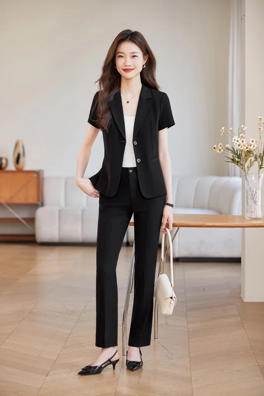 NAVIU Women Short Sleeve Suit Jacket Office Work Gray Blazer Blazer And Pants For Ladies Office Summer Slim Fit Formal Work Wear