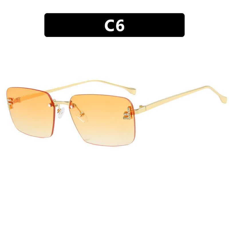 Luxury Fashion Diamond Sunglasses Brand Designer Letter Rimless Sun Glasses Candy Color Ocean Lens Small Square Sunglasses UV400