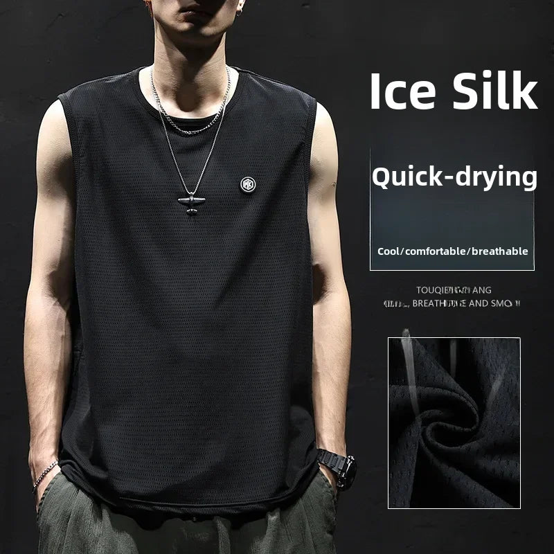 Summer Ice Silk Sleeveless Vest Men's Shoulder Vest Quick Dry Ice Sensation Fit Men's Sports Fitness Camouflage T-shirt Trendy