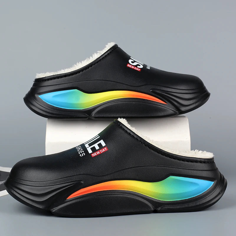 Winter Men Warm Slippers Cotton Slippers Outdoor Indoor Warm Shoes Waterproof Mens Comfortable Home Bedroom Plush Warm Slippers