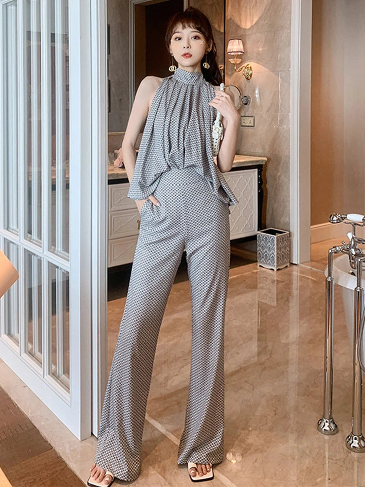 2023 Elegant Casual 2 Piece Sets Women Halter Bandage Lace Up Folds Loose Tops Long Trousers Female Street Holiday Party Clothes