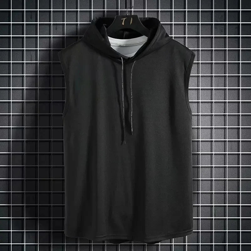 Summer Hooded T-Shirt Men's Sporty Korean Style Fitness Loose Fit Hip Hop Street Sleeveless Couple Top Clothing