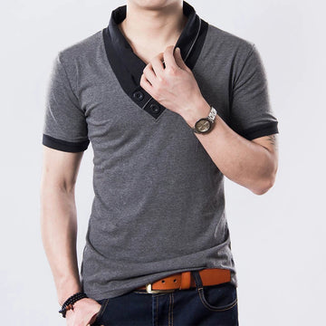 TFETTERS 2025 Fashion Summer Men's T-shirt Slim Fit V-neck Short Sleeve Cotton Gray T Shirt for Man Plus Size Tops