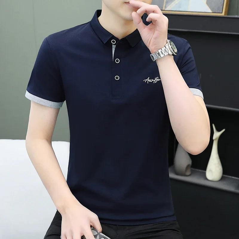 BROWON Summer Tops Men Golf T-shirt 2025 Sports Letters Embroidery Solid Color Short Sleeve Oversized T Shirt Men Clothes