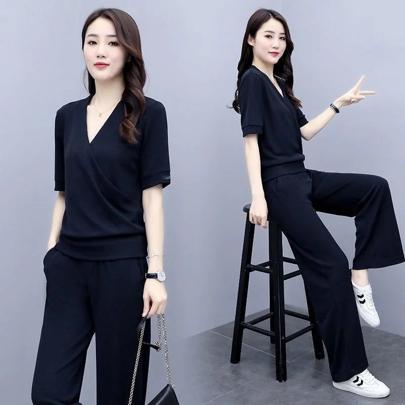 Women's Suit 2022 Spring Autumn New Korean Wide Leg Pants Long Sleeve Crop Tops Fashion Two Piece Set Elegant For Women Clothing