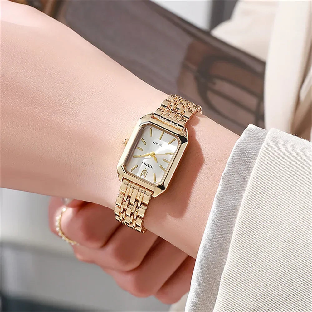 MAYZHISU Women Watches Luxury Gold Alloy Strap Ladies Quartz Wristwatches Fashion Qualities Female Roman Scale Clock Watch Gifts
