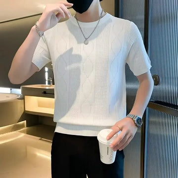 New Men's Half Sleeve T-Shirt Slim Fit Knit Jacquard Trendy Korean Style Solid Color Round Neck Sweater Body Shirt For Men