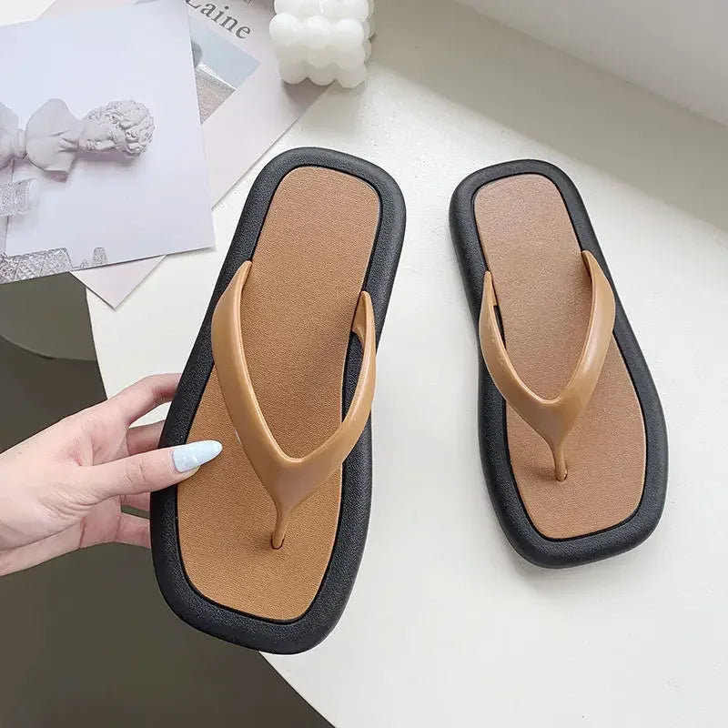 Casual Women's Summer Slippers Color Block Simple Platform Anti-slip Square Head Clip-on Sandals Beach Wear Sandals