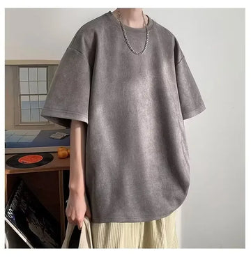 Chamois Leather Velvet Short Sleeve T-Shirt For Men Summer American Style Vintage Trendy Oversize Loose-Fit Half Sleeve Top