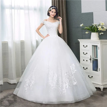 Custom Wedding Dresses Ivory Boat neck Appliques Sequined Off the Shoulder Princess Floor Length Plus size Wedding Gown De Novia