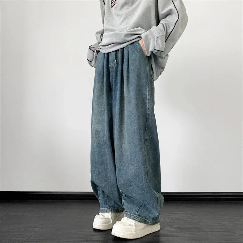 2024 Men's Jeans Autumn Winter Trendy Wide-Leg Style Loose-Fit Youth Trousers One-Piece Agent Fashion Denim Pants Casual Scene