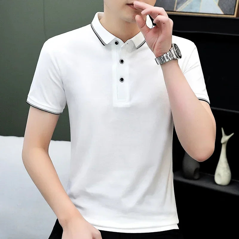 BROWON Brand Summer Men's T-shirts Solid Color Short Sleeve Slim Turn Down Collar Busienss Casual Cotton Tshirt for Men Clothes