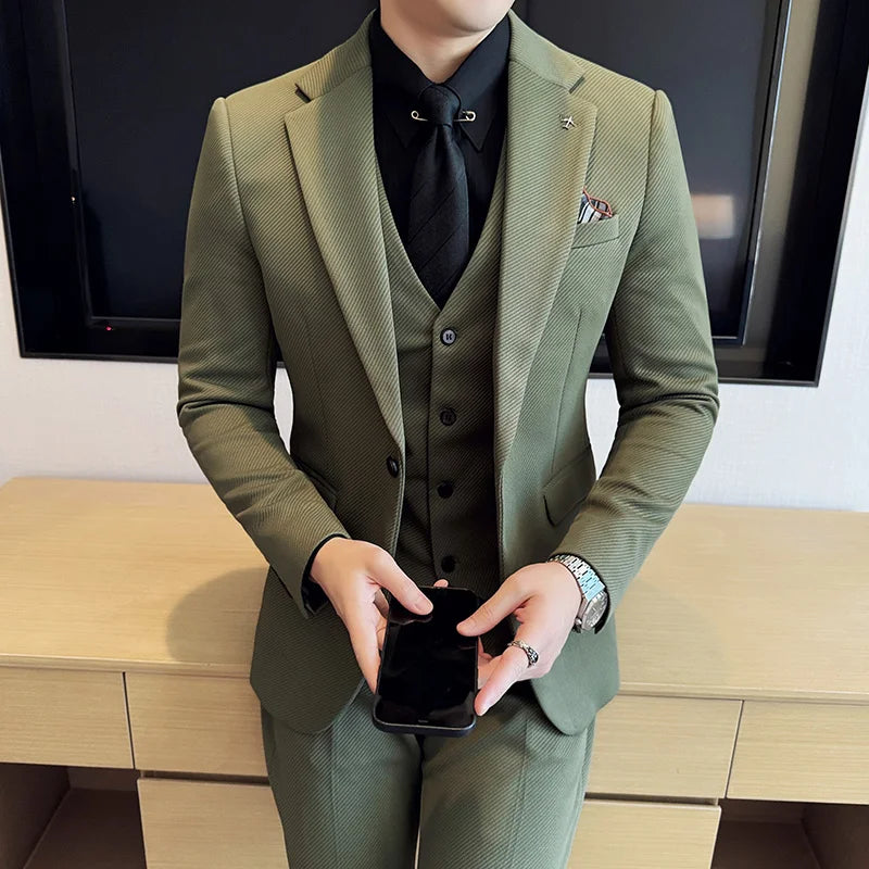 2024 High Quality Korean Slim Fit (suit + Vest + Trousers) Stylish and Handsome Wedding Knitted Twill Suit Three-piece Set