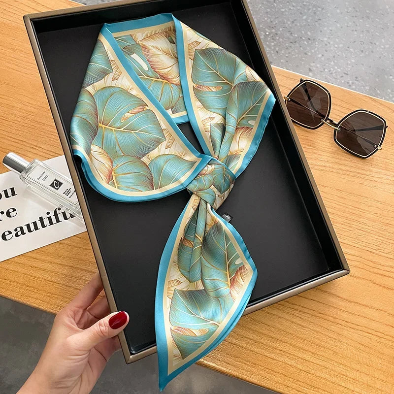 Elegant Floral Skinny Silk Scarf Women Leaf Print Foulard Neckerchief Lady Bag Ribbon Office Soft Satin Neck Tie Female Hairband