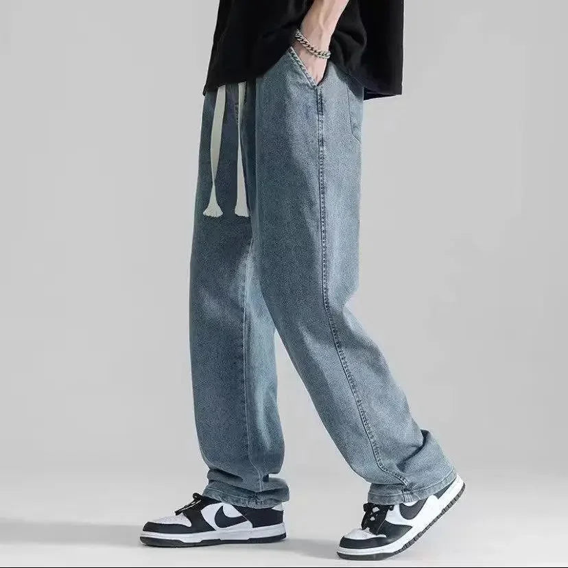 2022 Summer Thin Straight-Leg Jeans Men's Casual Loose-Fit Draped Trousers Trendy Brand Wide-Leg Draped Ground-Length Pants