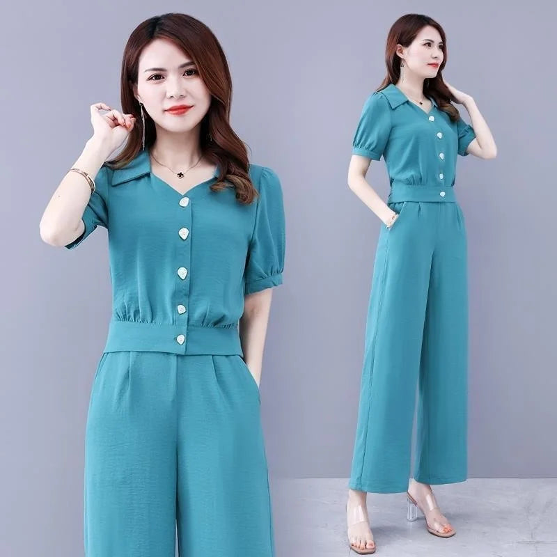 Women's Fashion Sweat Suit Korean Style Wide Leg Pants Crop Tops Two Piece Set 2024 Summer New Women Matching Plus Size Clothing