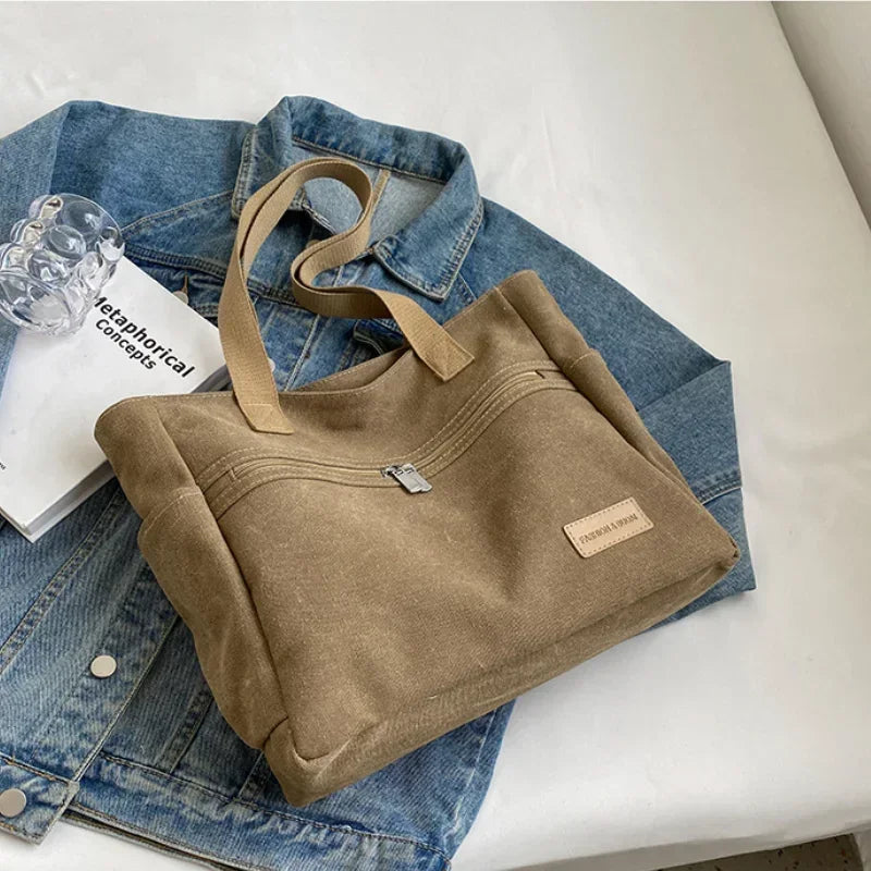 Fashion Retro Versatile Canvas Tote Bag Leisure Student Shoulder Bags Portable Handbag with Zipper for Women Сумка Женская 2025