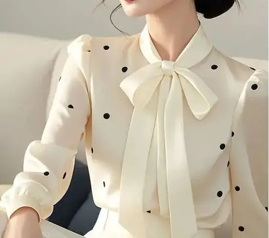 Polka Dot Bow Neck Elegant Shirts Tops Spring Autumn Long Sleeve Loose All-match Temperament Blouse Korean Fashion Women Clothes