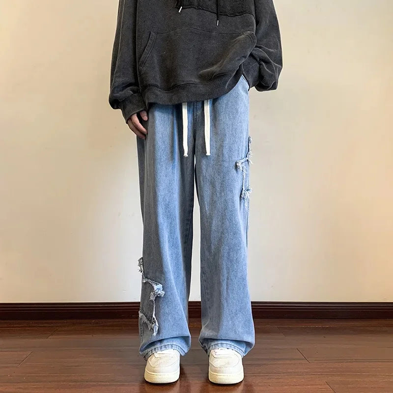 Men's Straight-Leg Denim Jeans Loose Fit Embroidered Washing Ins Style Hong Kong Brand Casual Trousers Autumn Winter
