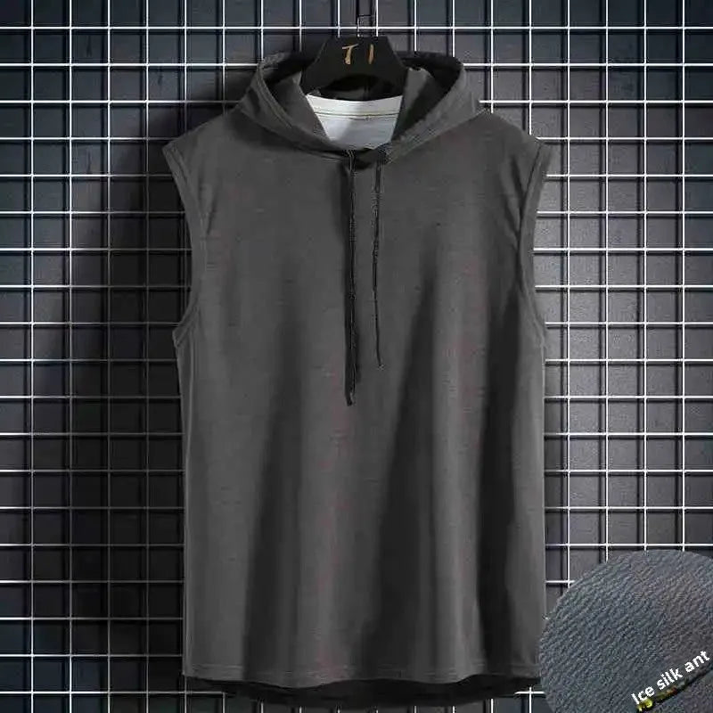 Men's Summer Korean Style Sleeveless T-Shirt Trendy Vest With Hoodie Short Sleeves Sweatshirt Bodycon Tee For Hot Weather