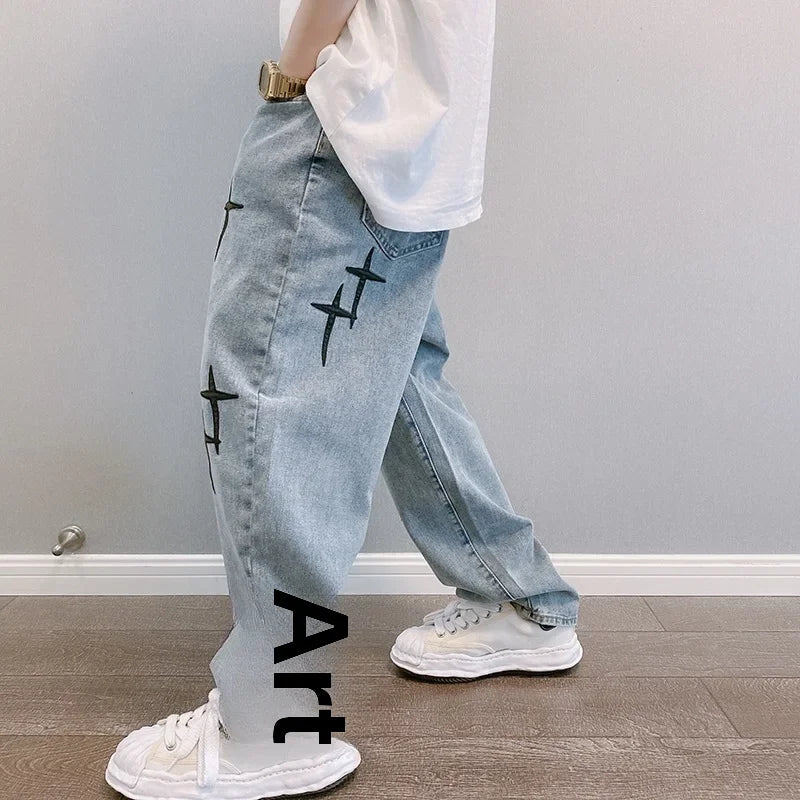 Korean Style Straight-leg Jeans For Men Loose Fit Casual Trendy Spring/autumn Arrival Cropped Pants Hong Kong Style Bell Bottoms