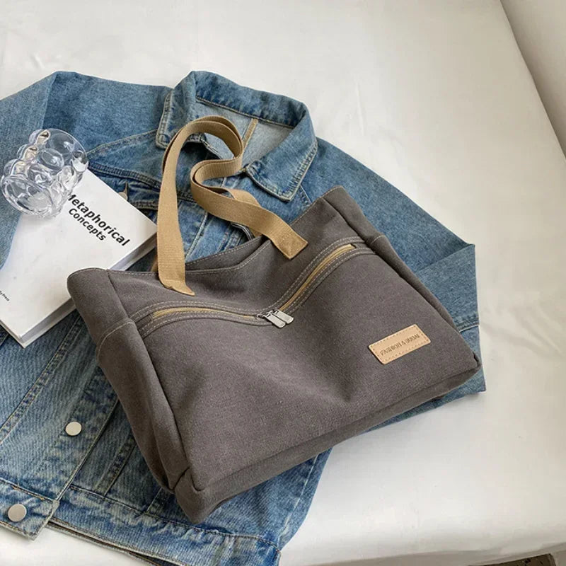 Fashion Retro Versatile Canvas Tote Bag Leisure Student Shoulder Bags Portable Handbag with Zipper for Women Сумка Женская 2025