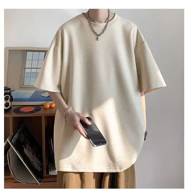 Chamois Leather Velvet Short Sleeve T-Shirt For Men Summer American Style Vintage Trendy Oversize Loose-Fit Half Sleeve Top