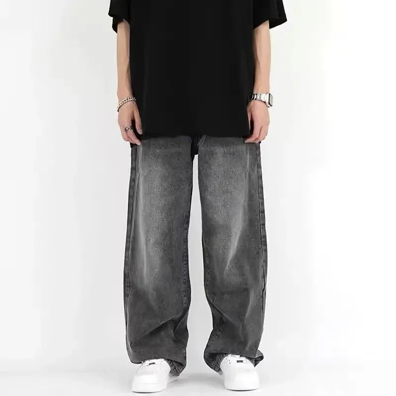 Men's Vintage Greywashing Jeans Loose-Fit Straight-Leg Wide-Leg Slim Fit Denim Pants Trendy Korean Style
