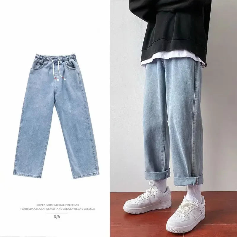 Korean Style Straight-leg Jeans For Men Loose Fit Casual Trendy Spring/autumn Arrival Cropped Pants Hong Kong Style Bell Bottoms