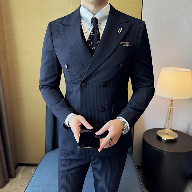 2024 High-quality Korean Version Slim (suit + Vest + Trousers) Stylish and Handsome Striped Double-breasted Suit Three-piece Set