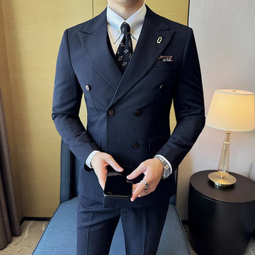 2024 High-quality Korean Version Slim (suit + Vest + Trousers) Stylish and Handsome Striped Double-breasted Suit Three-piece Set
