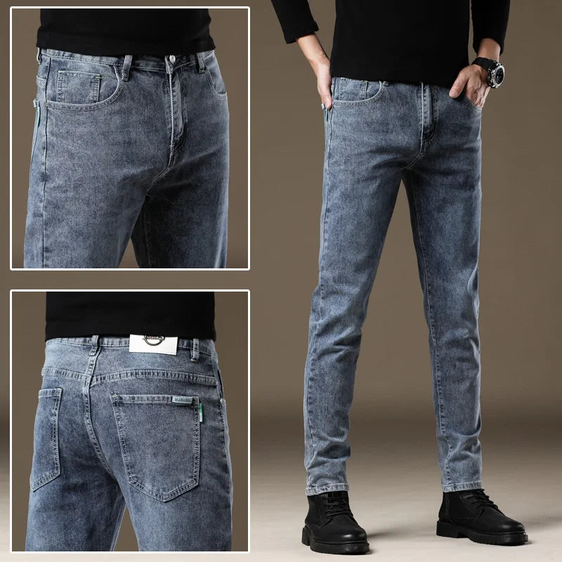 100% Cotton Elastic Slim Fit Men Jeans Trendy Small Foot Style Casual Occasions Korean Style Zipper Opening