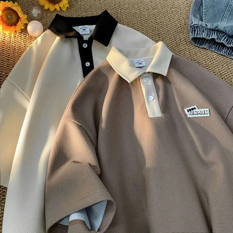 POLO男Trendy Loose-fit Polo Shirt For Men Summer Short Sleeves Vintage American Style Couple T-shirt Fashionable Brand Casual Wear
