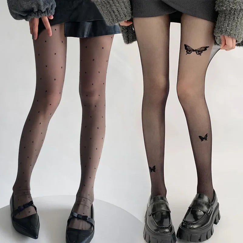 丝袜Dot Butterfly Printed Women's Tights Black High Waist Elastic Pantyhose Ultra-Thin Translucent Sexy Leggings Anti-hook Silk Sock