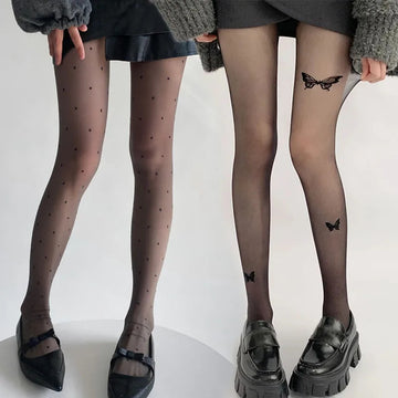 丝袜Dot Butterfly Printed Women's Tights Black High Waist Elastic Pantyhose Ultra-Thin Translucent Sexy Leggings Anti-hook Silk Sock