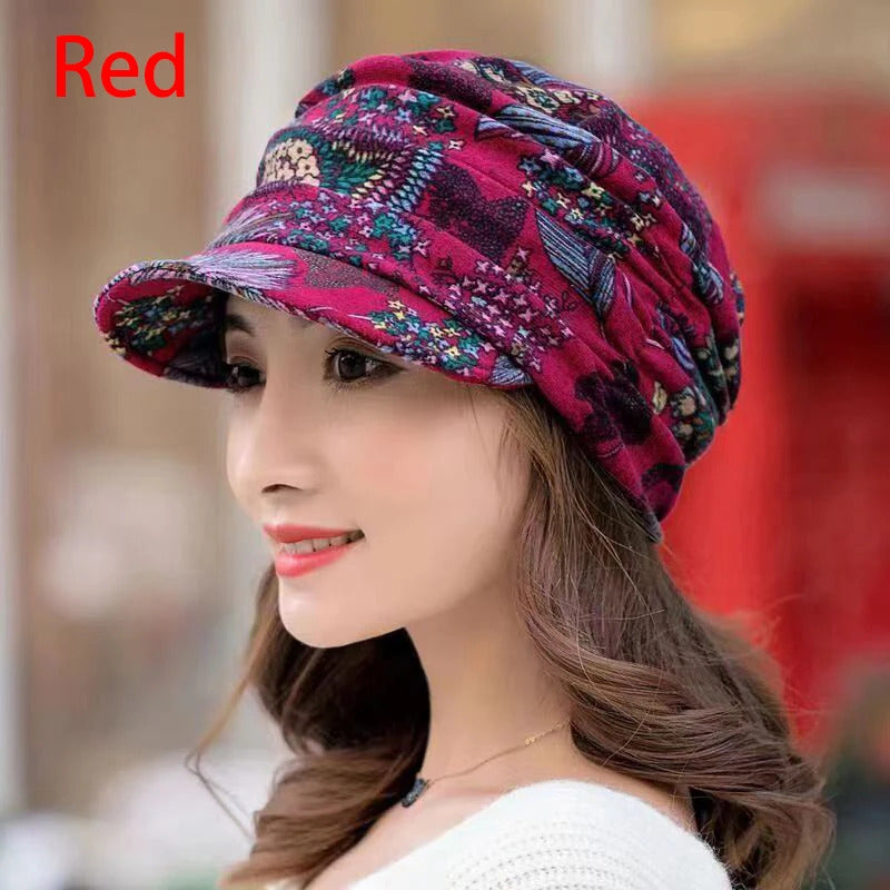 帽子女5 Colors Short Wide Brim Floral Print Earflap Hat Ethnic Windproof Foldable Warm Women Autumn Winter Outdoor Daily Cap Free Size
