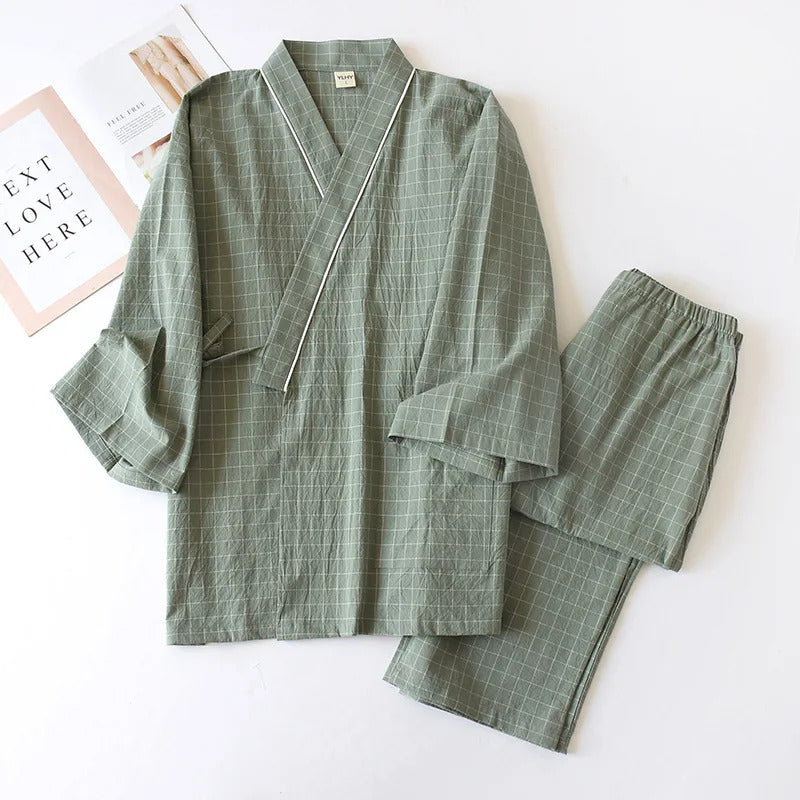 睡衣男Japanese-style kimono, cotton gauze, spring and autumn men's plaid nightgown two-piece home service yukata lace-up pajama set