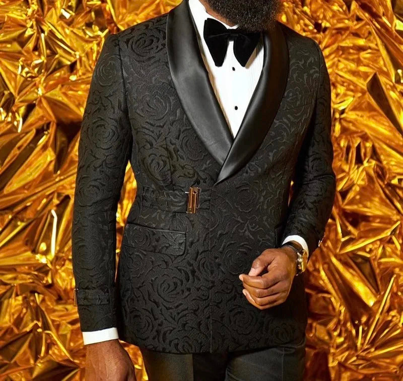 礼服男2025 Men Suits Black and White Floral Jacquard Dinner Tuxedo Pants Double Breasted with Single Metal Side Buckle