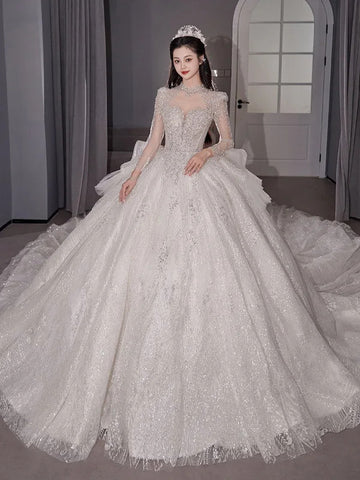 礼服女Lace Beading Wedding Dresses For Women 2024 Spring Princesss Vintage High Neck Long Sleeves Bridal Ball Gown Vestidos De Novias