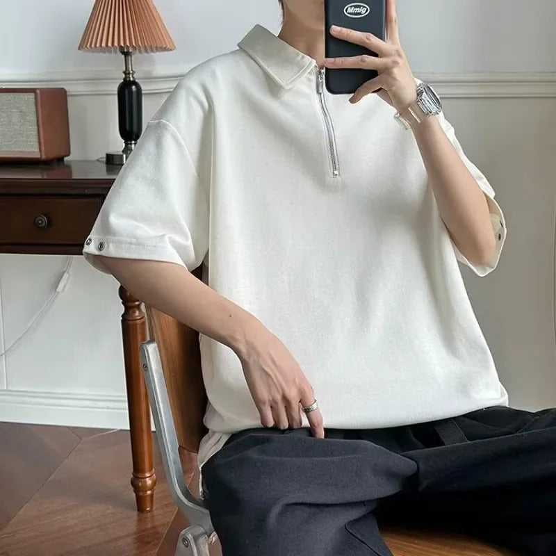 POLO男Solid Color Half-Zip Polo Shirt Men's Casual Loose Fit Hip Hop Trendy Fashion Short Sleeve T-Shirt Base Layer Lapel Five Point T