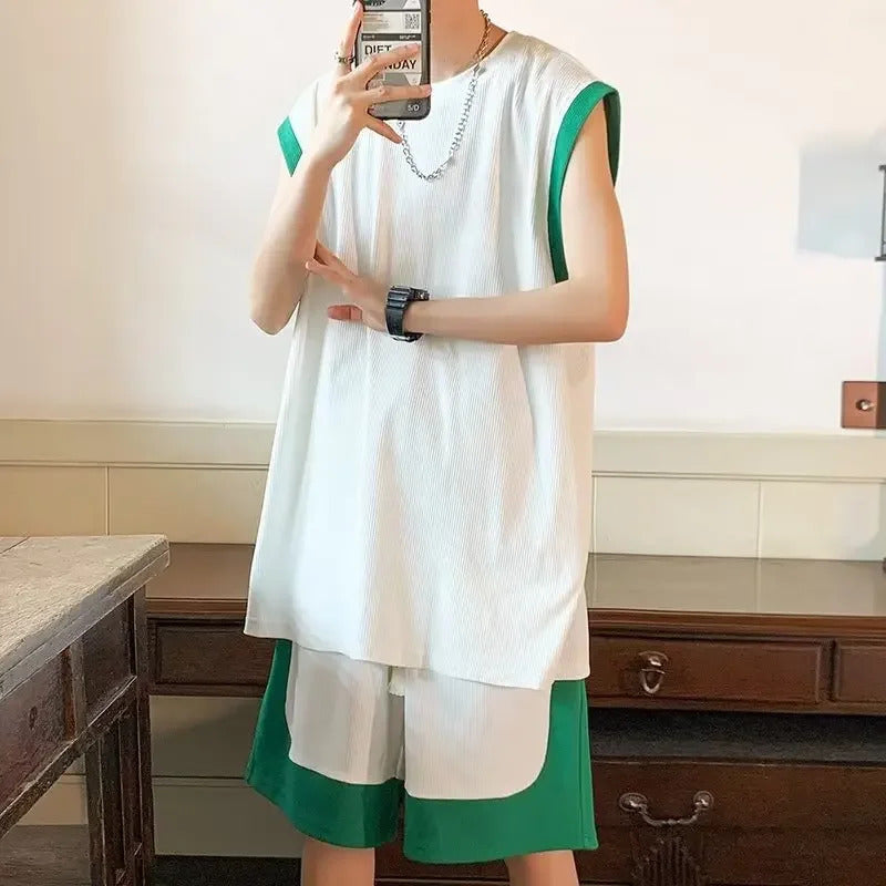 男士套装Trendy Ice Silk Vest Top Casual Sports Fitness Basketball Suit For Men Short Sleeve Summer Style Shoulder Vest