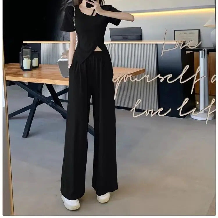 商务装女Summer new high-end niche irregular fashion suit loose high waist slim fit fashionable wide leg pants two-piece set