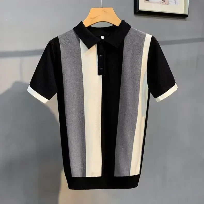 POLO男Summer Men's Polo Shirt Korean Version Vintage Striped Unique Zip-up Half Sleeve Ice Silk Knitted Top Casual T-shirt