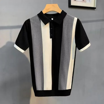 POLO男Summer Men's Polo Shirt Korean Version Vintage Striped Unique Zip-up Half Sleeve Ice Silk Knitted Top Casual T-shirt