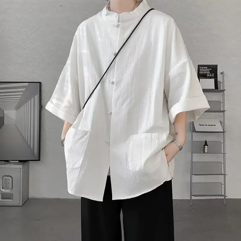 衬衫男New Style Chinese Size Plus Men's Cotton Linen Tang Suit Thin Top Seven Sleeves Casual Shirt Leisure Scene Shirt