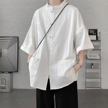 衬衫男New Style Chinese Size Plus Men's Cotton Linen Tang Suit Thin Top Seven Sleeves Casual Shirt Leisure Scene Shirt