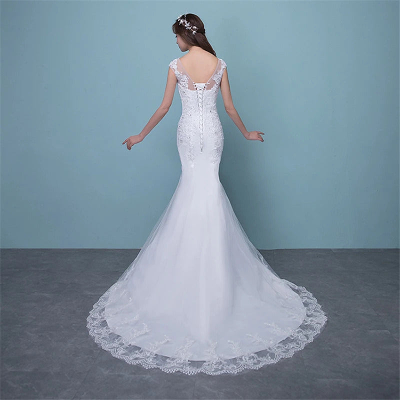 礼服女Y&M Novias Illusion Sexy Mermaid Wedding Dress New Style Korean Lace Appliques Sequined Fishtail Bride Princess estidos de noiva