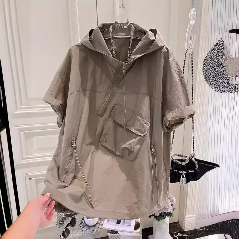 防晒衣男Plus Size 300kg Irregular Hooded Short Sleeves Sun Protection Shirt Men Women's Summer Trendy Brand Thin Loose-Fit T-Shirt